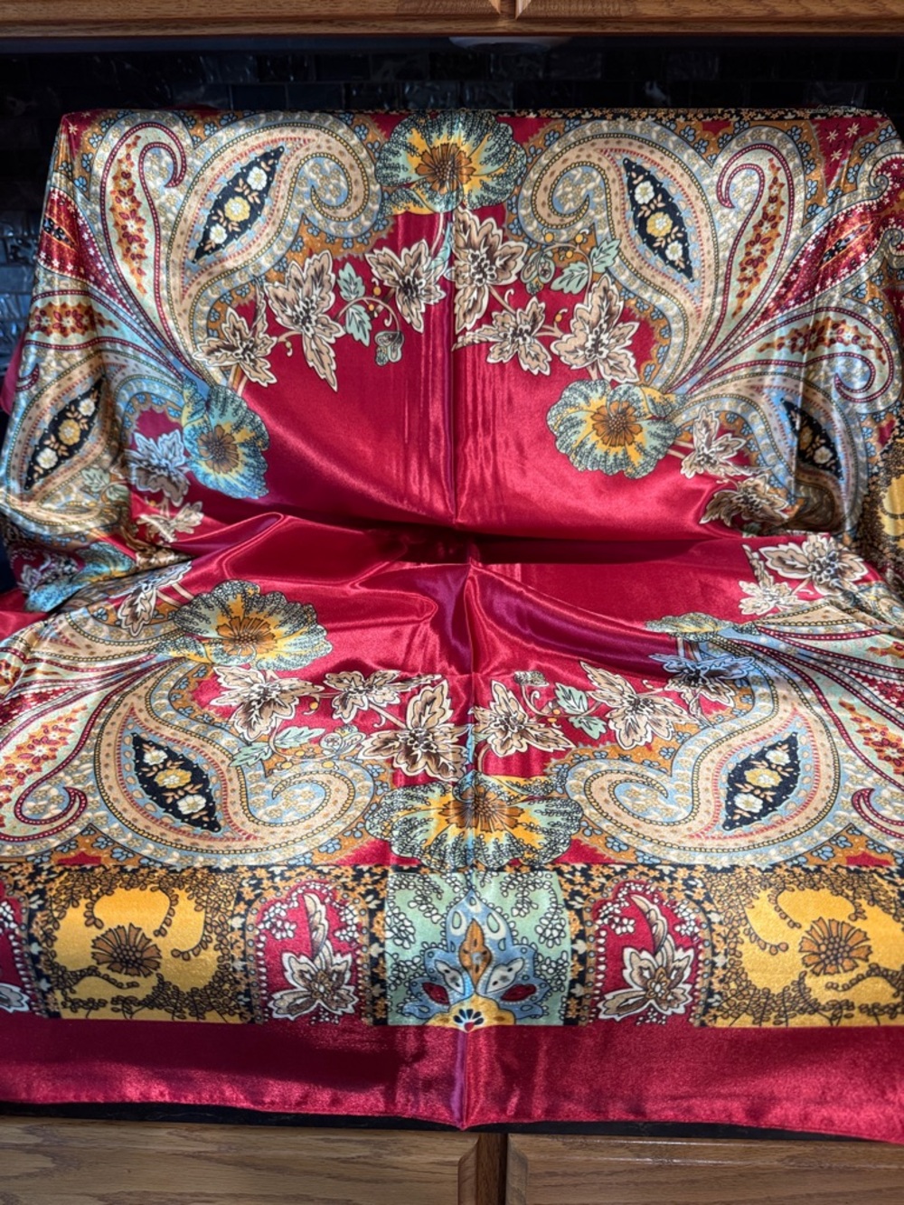 Pottery Barn Red Floral Paisley Scarf 100% Polyester with stain finish 35”x34”